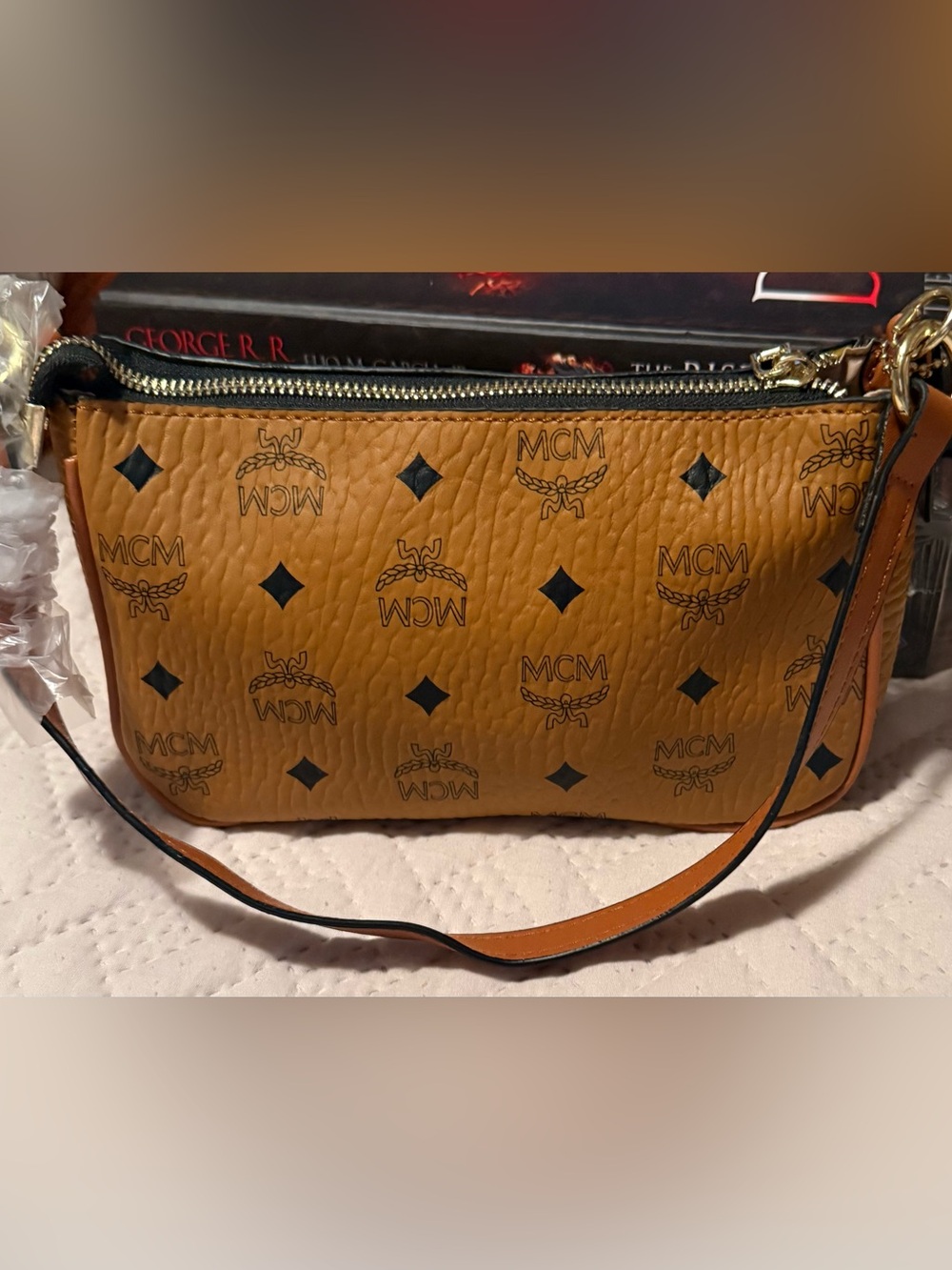 Cognac Logo Print Crossbody Bag